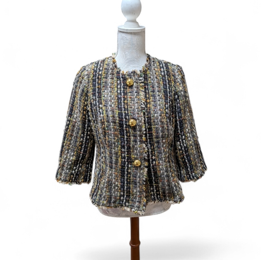 CAbi Tweed Jacket Blazer Size Medium Gold Button Textured